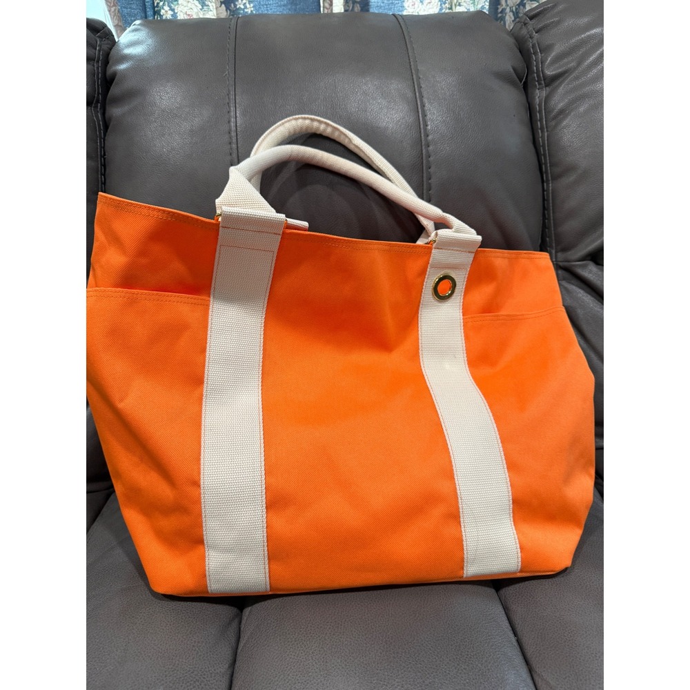 Lancone Orange Canvas Tote Bag Cream Webbing Straps Gold Grommet Shoulder Bag